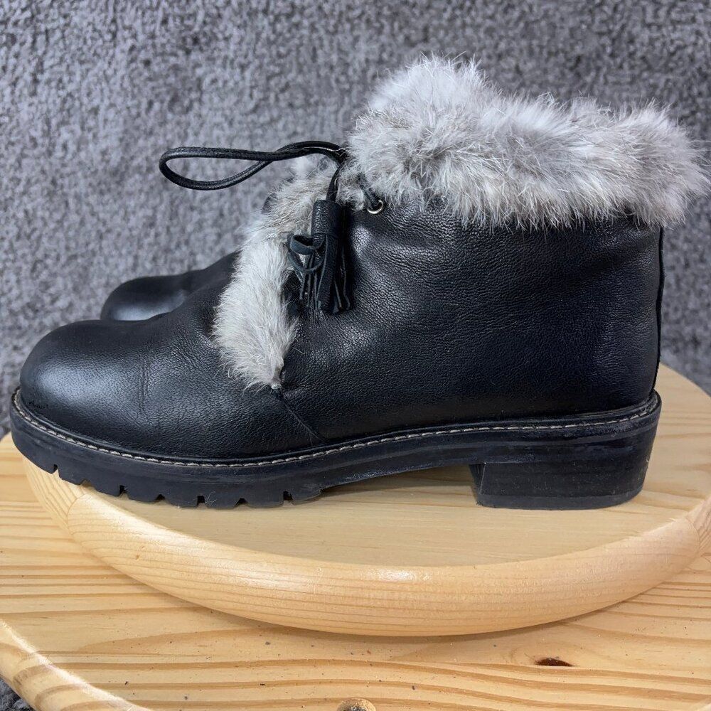 Stuart Weitzman Leather Boots Women Size 8 Black Gray Faux Fur Lined Ankle Spain
